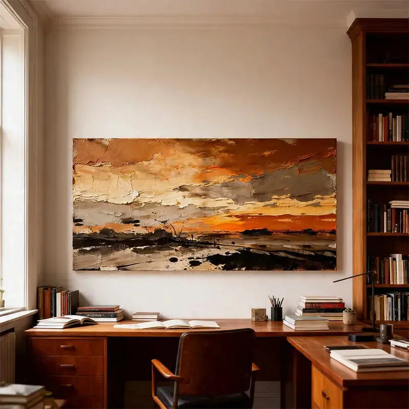 Burnt Orange & Charcoal Textured Dramatic Abstract Landscape Painting Artmeto Wood wall art
