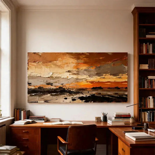 Burnt Orange & Charcoal Textured Dramatic Abstract Landscape Painting Artmeto Wood wall art