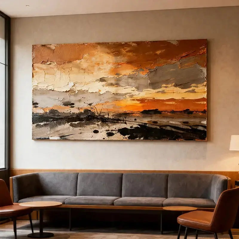 Burnt Orange & Charcoal Textured Dramatic Abstract Landscape Painting Artmeto Wood wall art