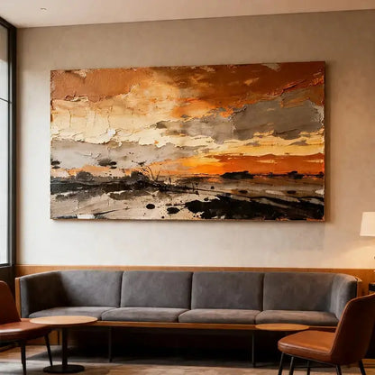 Burnt Orange & Charcoal Textured Dramatic Abstract Landscape Painting Artmeto Wood wall art