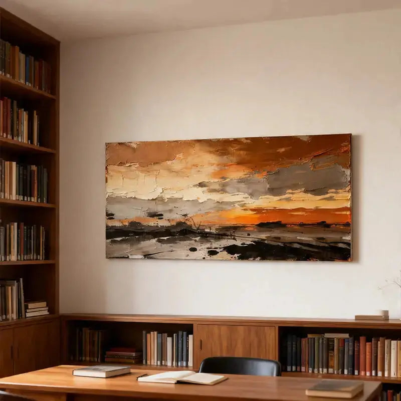Burnt Orange & Charcoal Textured Dramatic Abstract Landscape Painting Artmeto Wood wall art