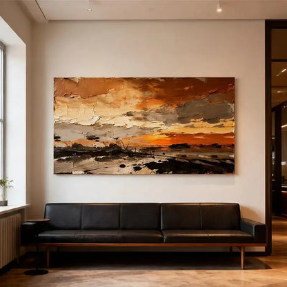 Burnt Orange & Charcoal Textured Dramatic Abstract Landscape Painting Artmeto Wood wall art