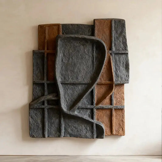 Charcoal Black & Rust Terracotta Grid Wabi Sabi Textured 3D Relief Wall Art Artmeto Wood wall art
