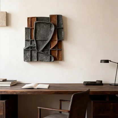 Charcoal Black & Rust Terracotta Grid Wabi Sabi Textured 3D Relief Wall Art Artmeto Wood wall art