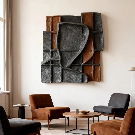 Charcoal Black & Rust Terracotta Grid Wabi Sabi Textured 3D Relief Wall Art Artmeto Wood wall art