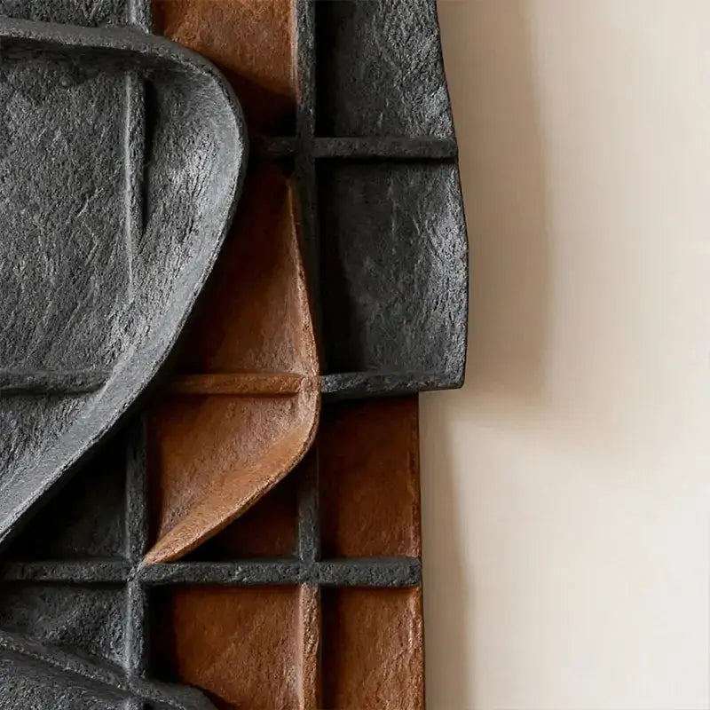 Charcoal Black & Rust Terracotta Grid Wabi Sabi Textured 3D Relief Wall Art Artmeto Wood wall art
