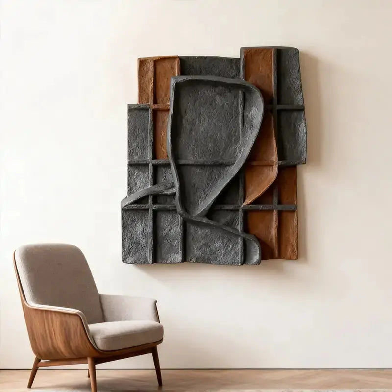 Charcoal Black & Rust Terracotta Grid Wabi Sabi Textured 3D Relief Wall Art Artmeto Wood wall art