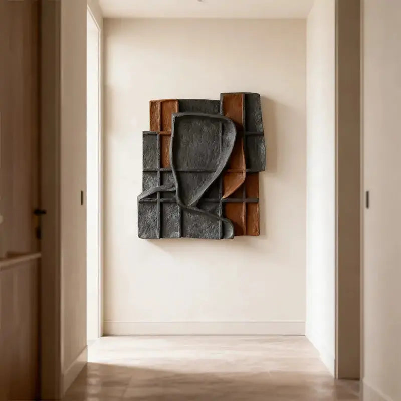 Charcoal Black & Rust Terracotta Grid Wabi Sabi Textured 3D Relief Wall Art Artmeto Wood wall art
