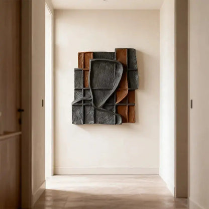 Charcoal Black & Rust Terracotta Grid Wabi Sabi Textured 3D Relief Wall Art Artmeto Wood wall art