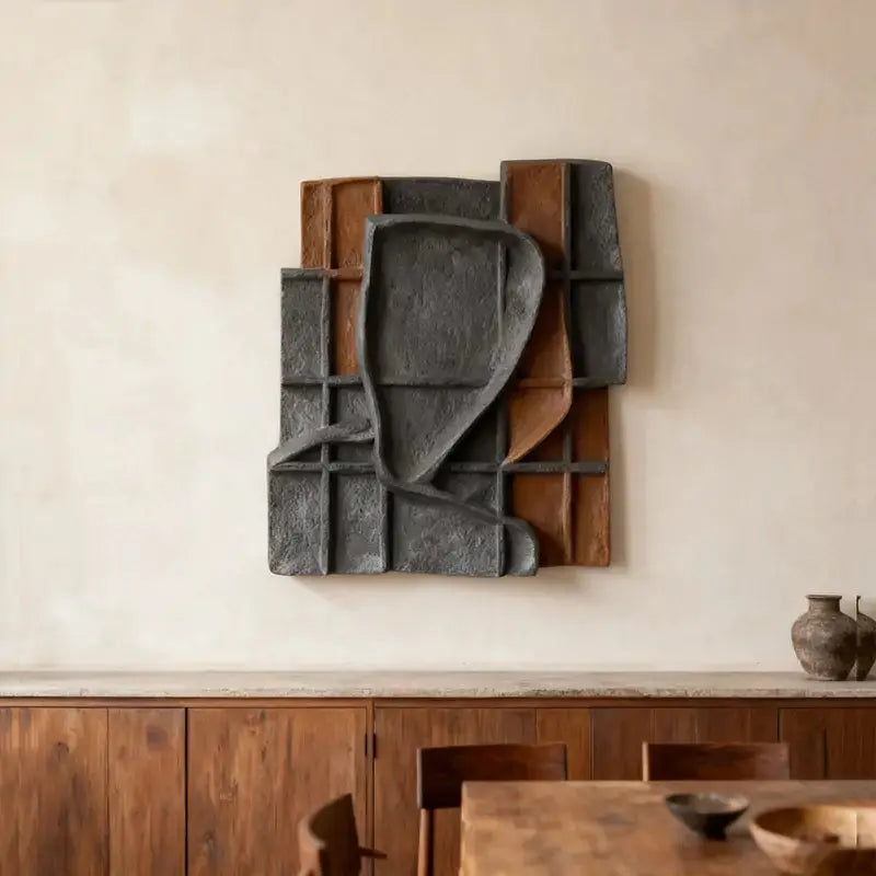 Charcoal Black & Rust Terracotta Grid Wabi Sabi Textured 3D Relief Wall Art Artmeto Wood wall art