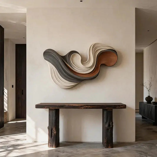 Charcoal, Cream and Terracotta Swirl Layered Wood Wall Sculpture Artmeto Wood wall art