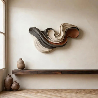 Charcoal, Cream and Terracotta Swirl Layered Wood Wall Sculpture Artmeto Wood wall art
