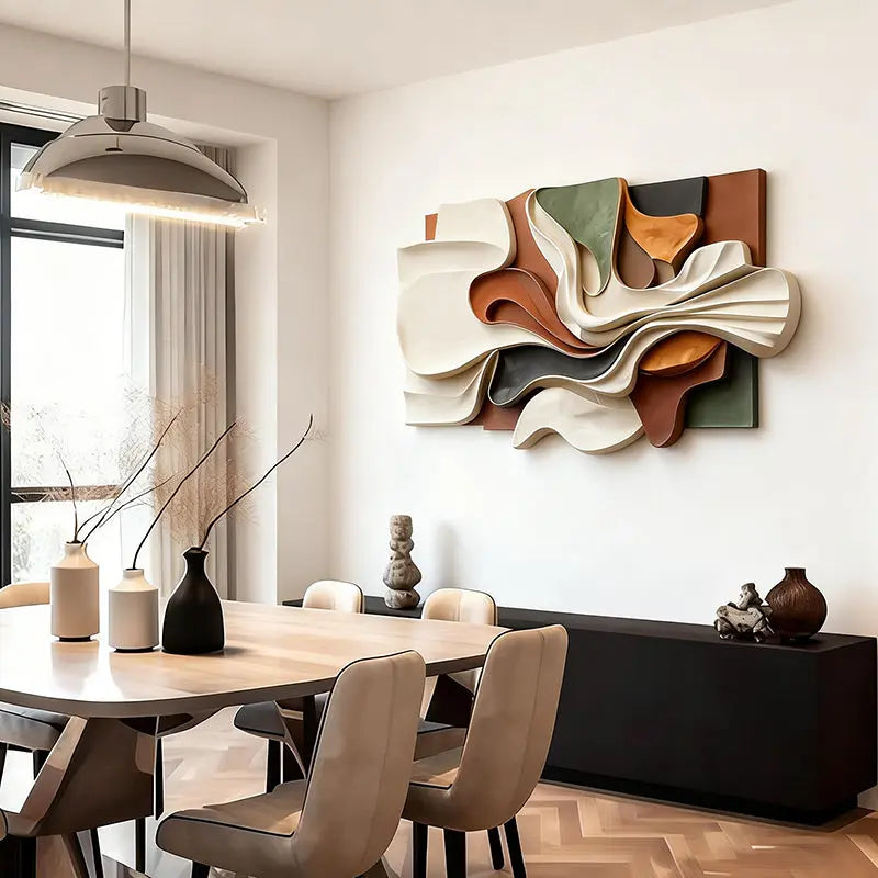 Contemporary 3D Relief Wall Art - Earth Tone Organic Fabric Flow Form Artmeto Wood wall art-2