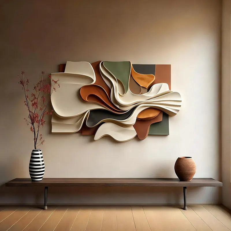Contemporary 3D Relief Wall Art - Earth Tone Organic Fabric Flow Form Artmeto Wood wall art-3
