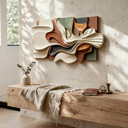 Contemporary 3D Relief Wall Art - Earth Tone Organic Fabric Flow Form Artmeto Wood wall art-4