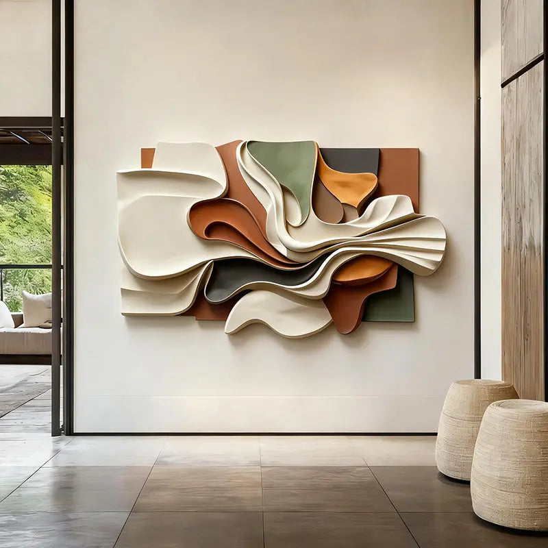 Contemporary 3D Relief Wall Art - Earth Tone Organic Fabric Flow Form Artmeto Wood wall art-5