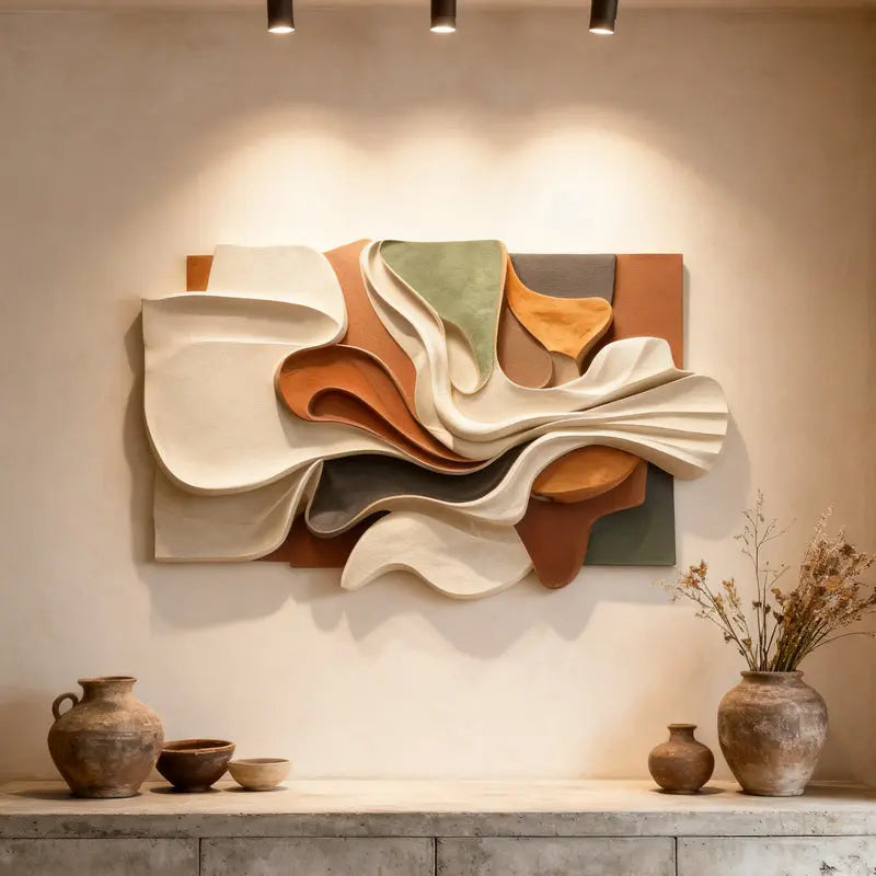 Contemporary 3D Relief Wall Art - Earth Tone Organic Fabric Flow Form Artmeto Wood wall art-9