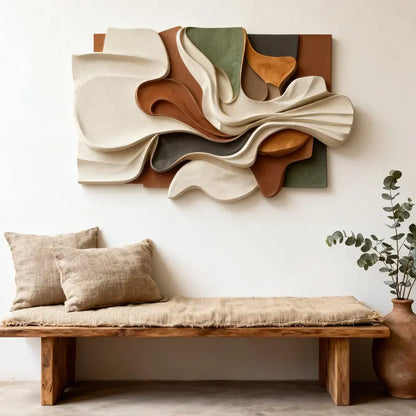 Contemporary 3D Relief Wall Art - Earth Tone Organic Fabric Flow Form Artmeto Wood wall art-1