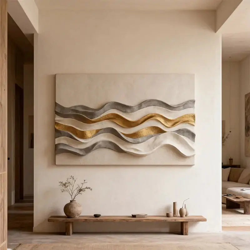 Cream Grey & Metallic Gold Layered Wave 3D Relief Wall Sculpture Artmeto Wood wall art