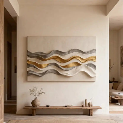 Cream Grey & Metallic Gold Layered Wave 3D Relief Wall Sculpture Artmeto Wood wall art