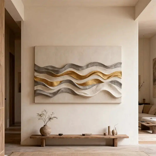 Cream Grey & Metallic Gold Layered Wave 3D Relief Wall Sculpture Artmeto Wood wall art