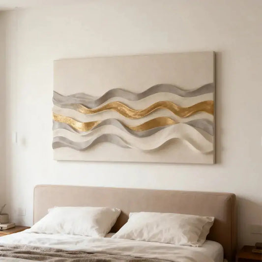 Cream Grey & Metallic Gold Layered Wave 3D Relief Wall Sculpture Artmeto Wood wall art