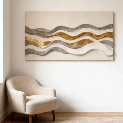 Cream Grey & Metallic Gold Layered Wave 3D Relief Wall Sculpture Artmeto Wood wall art