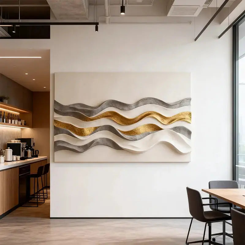 Cream Grey & Metallic Gold Layered Wave 3D Relief Wall Sculpture Artmeto Wood wall art