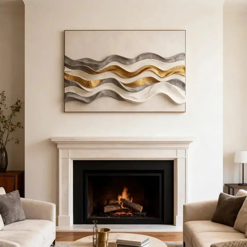 Cream Grey & Metallic Gold Layered Wave 3D Relief Wall Sculpture Artmeto Wood wall art