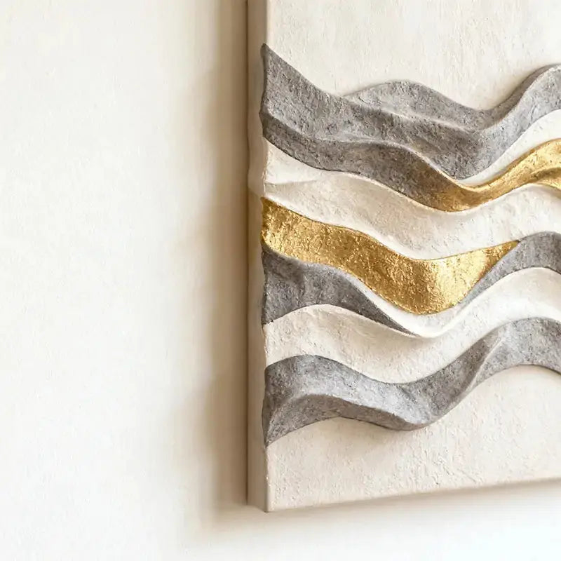 Cream Grey & Metallic Gold Layered Wave 3D Relief Wall Sculpture Artmeto Wood wall art