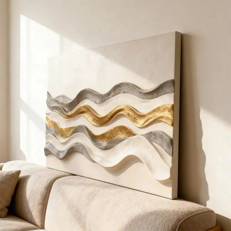 Cream Grey & Metallic Gold Layered Wave 3D Relief Wall Sculpture Artmeto Wood wall art