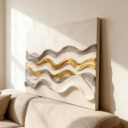 Cream Grey & Metallic Gold Layered Wave 3D Relief Wall Sculpture Artmeto Wood wall art