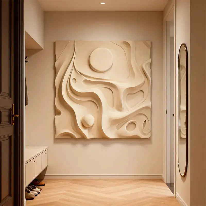 Cream Minimalist Neutral Tone Organic Flow 3D Relief Wall Sculpture Artmeto Wood wall art