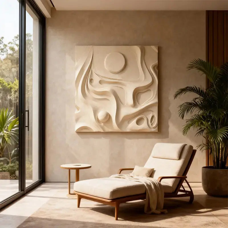 Cream Minimalist Neutral Tone Organic Flow 3D Relief Wall Sculpture Artmeto Wood wall art