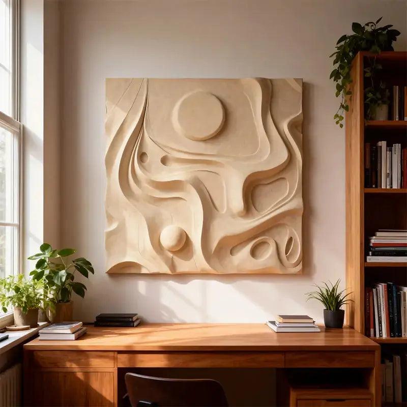 Cream Minimalist Neutral Tone Organic Flow 3D Relief Wall Sculpture Artmeto Wood wall art