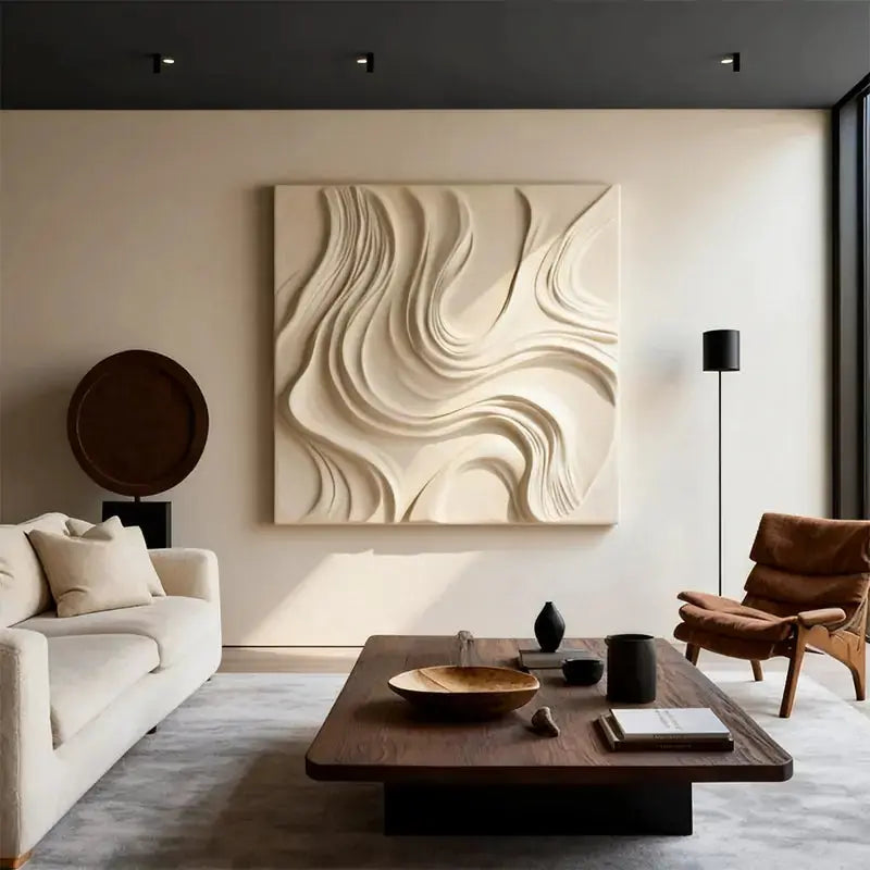 Cream Organic Flowing Fabric-Textured Minimalist Wall Decor Artmeto Wood wall art