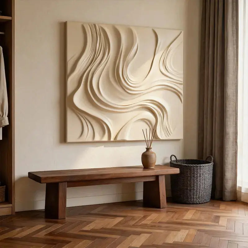 Cream Organic Flowing Fabric-Textured Minimalist Wall Decor Artmeto Wood wall art