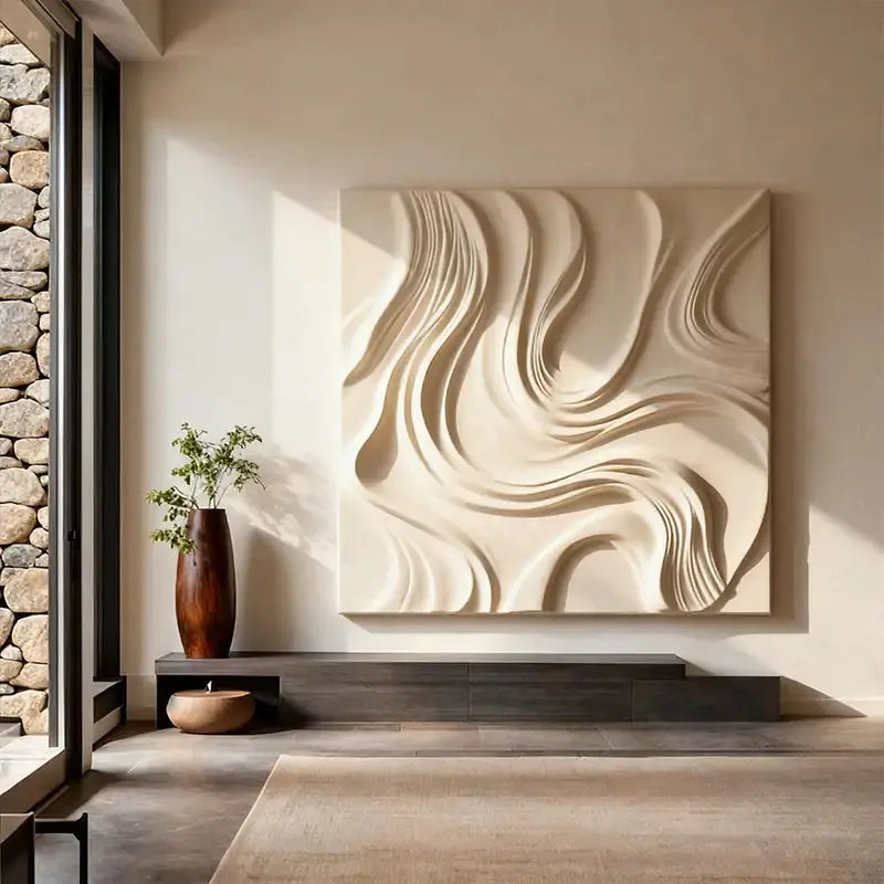 Cream Organic Flowing Fabric-Textured Minimalist Wall Decor Artmeto Wood wall art