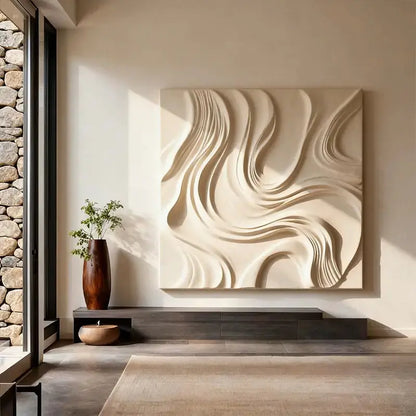 Cream Organic Flowing Fabric-Textured Minimalist Wall Decor Artmeto Wood wall art