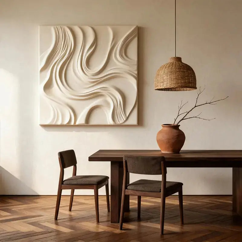 Cream Organic Flowing Fabric-Textured Minimalist Wall Decor Artmeto Wood wall art