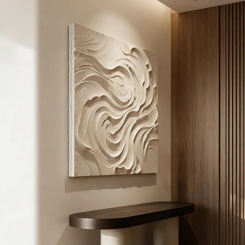 Cream Organic Flowing Fabric-Textured Minimalist Wall Decor Artmeto Wood wall art-3