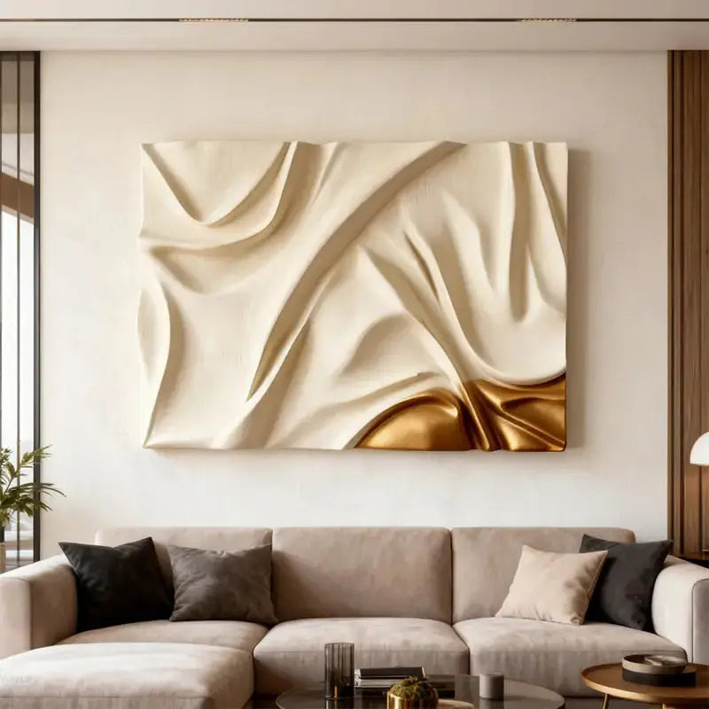 Cream & Gold Fabric Drape Modern Luxury Flowing Textured 3D Relief Wall Sculpture Artmeto Wood wall art