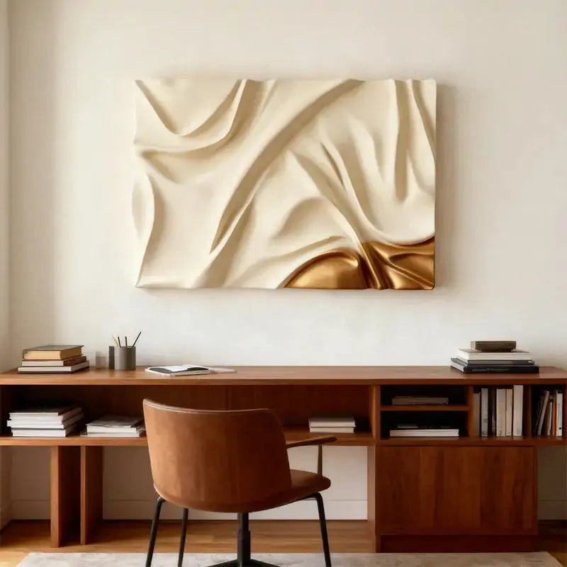 Cream & Gold Fabric Drape Modern Luxury Flowing Textured 3D Relief Wall Sculpture Artmeto Wood wall art