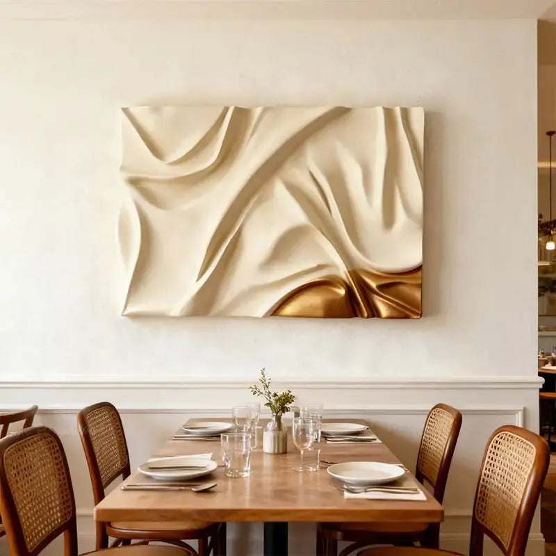 Cream & Gold Fabric Drape Modern Luxury Flowing Textured 3D Relief Wall Sculpture Artmeto Wood wall art