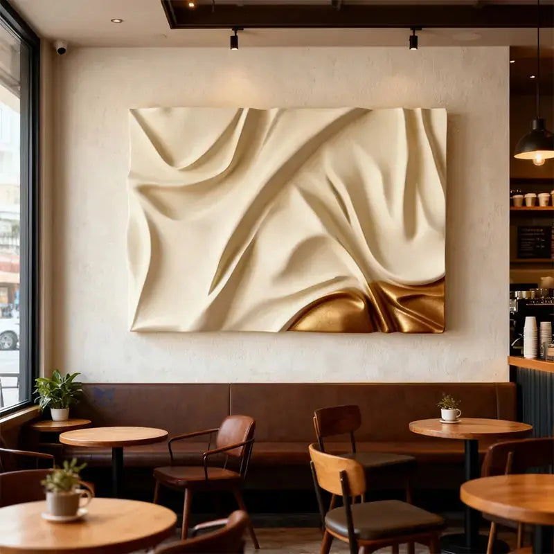 Cream & Gold Fabric Drape Modern Luxury Flowing Textured 3D Relief Wall Sculpture Artmeto Wood wall art