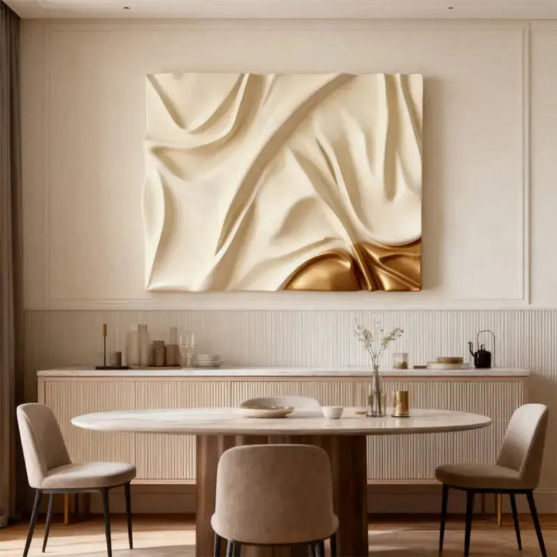 Cream & Gold Fabric Drape Modern Luxury Flowing Textured 3D Relief Wall Sculpture Artmeto Wood wall art