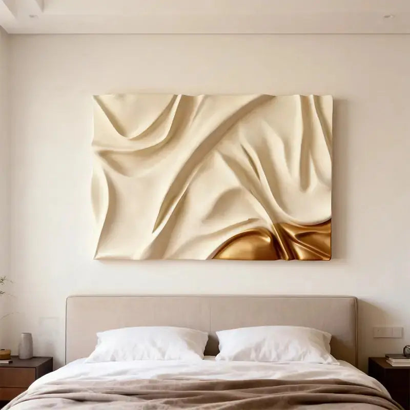 Cream & Gold Fabric Drape Modern Luxury Flowing Textured 3D Relief Wall Sculpture Artmeto Wood wall art