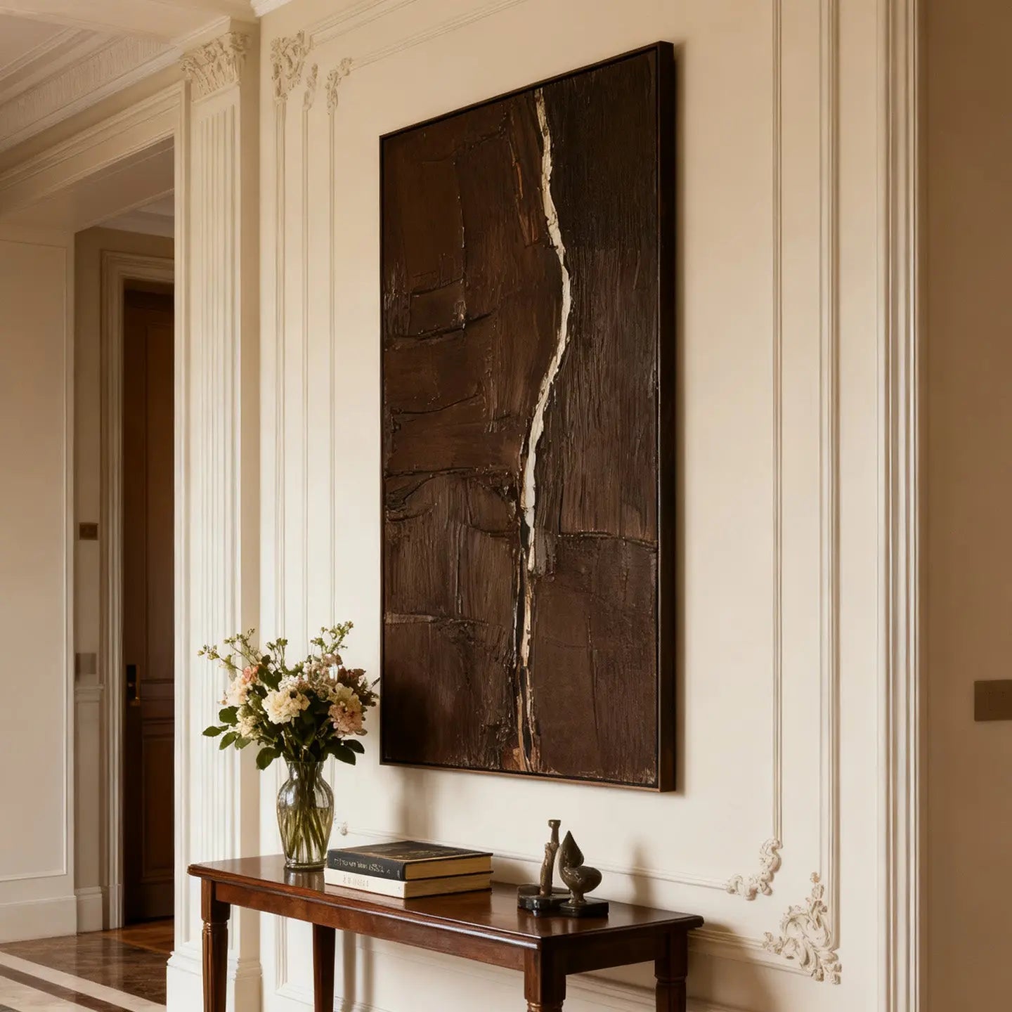 Dark Brown Abstract Painting | Gold Line Textured Wall Art-Artmeto Artmeto Wood wall art