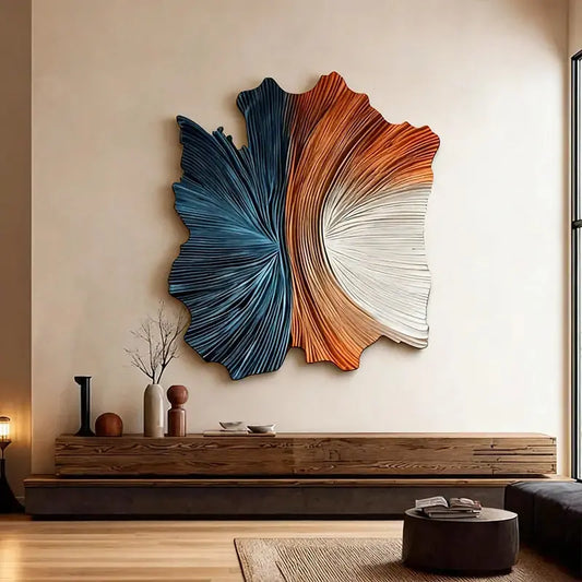 Dark blue & Terracotta 3D Wood Sculpture Wall Decor Unique Fan Shape Artmeto Wood wall art