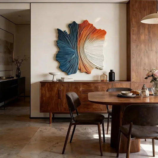 Dark blue & Terracotta 3D Wood Sculpture Wall Decor Unique Fan Shape Artmeto Wood wall art